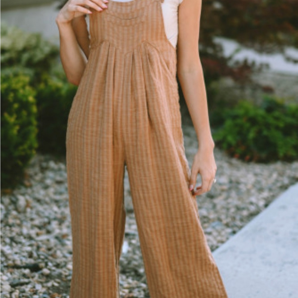 Brown Striped Pleated Wide Leg Pocketed Jumpsuit